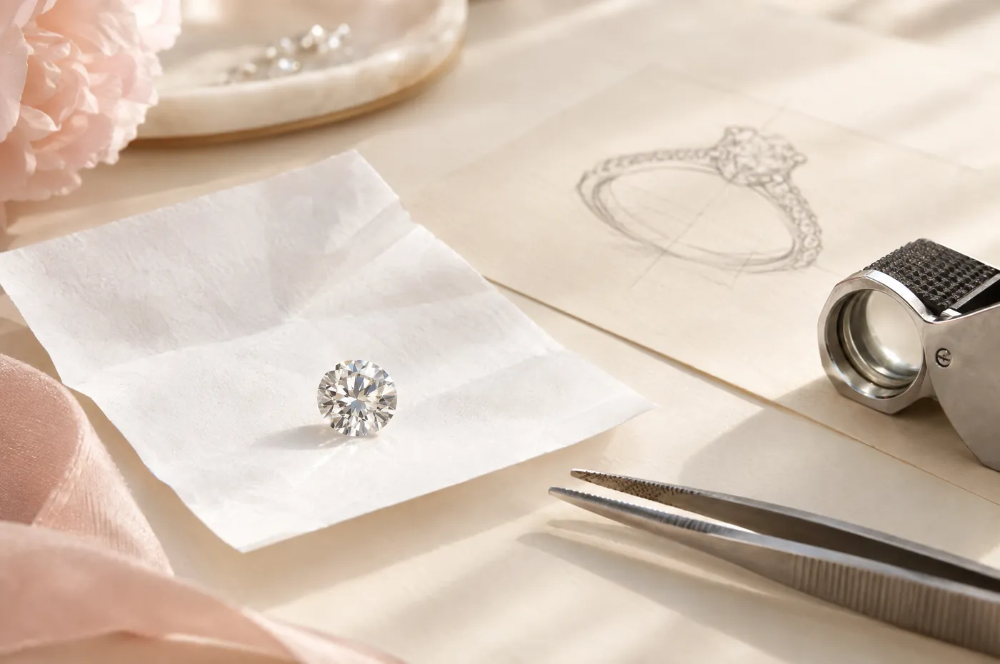 Runder Diamant auf Diamantpapier neben Lupe und Pinzette